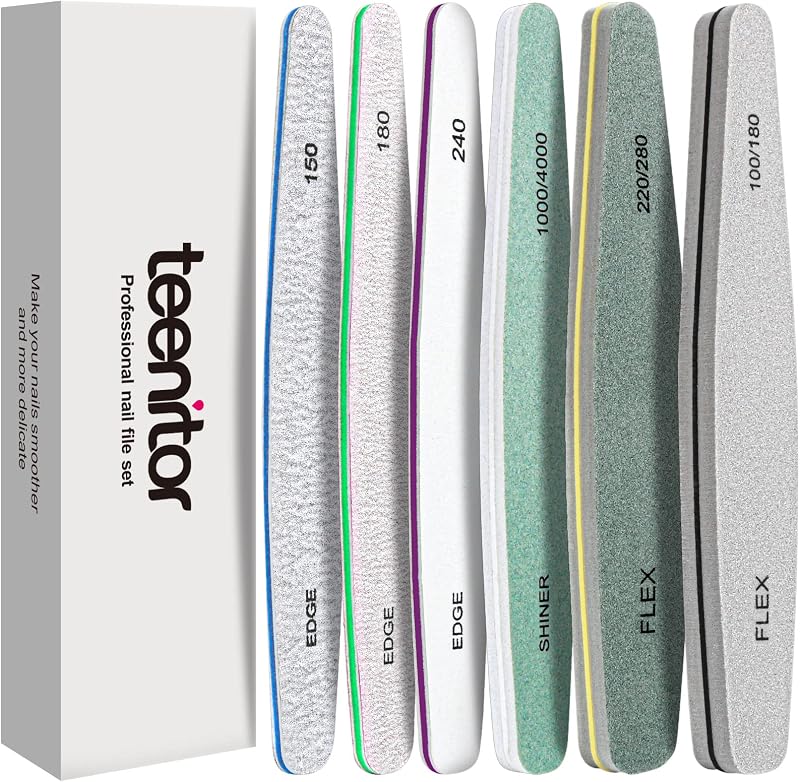 Teenitor 6pc Nail File Set 100/180/240 Grit Buffers Emery Board 1000/4000 Shine