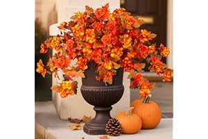 Homsunny Fall Flowers for Outdoors, 2 PCS Fake Fall Flowers UV Resistant Fake Autumn Artificial Flowers for Porch Patio Window Box Planter Home Decor (Sunset Red and Orange)