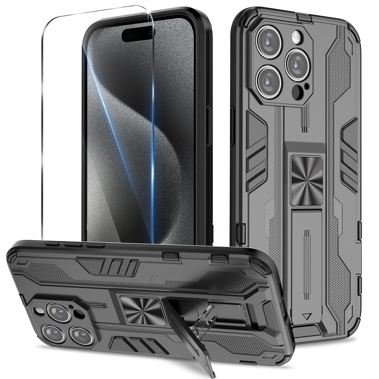 Btstring Case for iPhone 15 Pro Max and Screen Protector Tempered Glass, Shockproof Phone Case with Stand, Heavy Duty Personalised Case Cover Support Magnetic Car Holder, Black