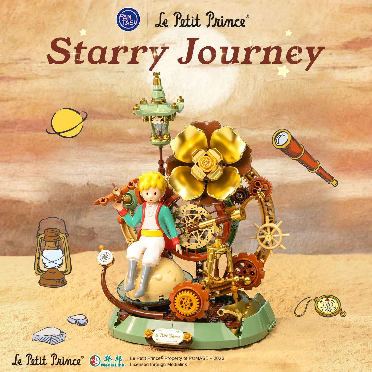 PANTASY Der Kleine Prinz – Sternenreise Bauset, von der Vintage-Mechanik-Taschenuhr inspiriertes Modell mit Zahnrädern, Teleskop & Goldener Rose, Sammler-Displayspielzeug mit exklusiver Prinz-Figur 2