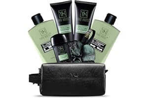 Yard House Mens Luxury Bath and Body Gift Set For Him - Skin Care Kit in Eucalyptus and Mint - Fathers Day Birthday Christmas Gifts Ideas For Men - 7Pcs Set w. Full Size Items in Leather Toiletry Bag