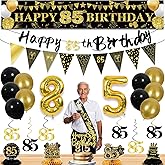 27pcs 85th Birthday Decorations for Men,Black Gold 85th Party Decorations,Happy 85th Birthday Banner Honeycomb Hanging Swirls Cake Topper and Balloons Kit Party Supplies