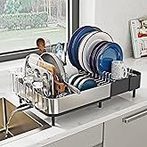 SUNLY Expandable Dish Drying Rack, Versatile Brackets for Pots & Pans, Space Saving Kitchen Drying Rack, Dish Racks for Kitchen Counter, Stainless Steel Dish Drainers with Extendable Spout, Black