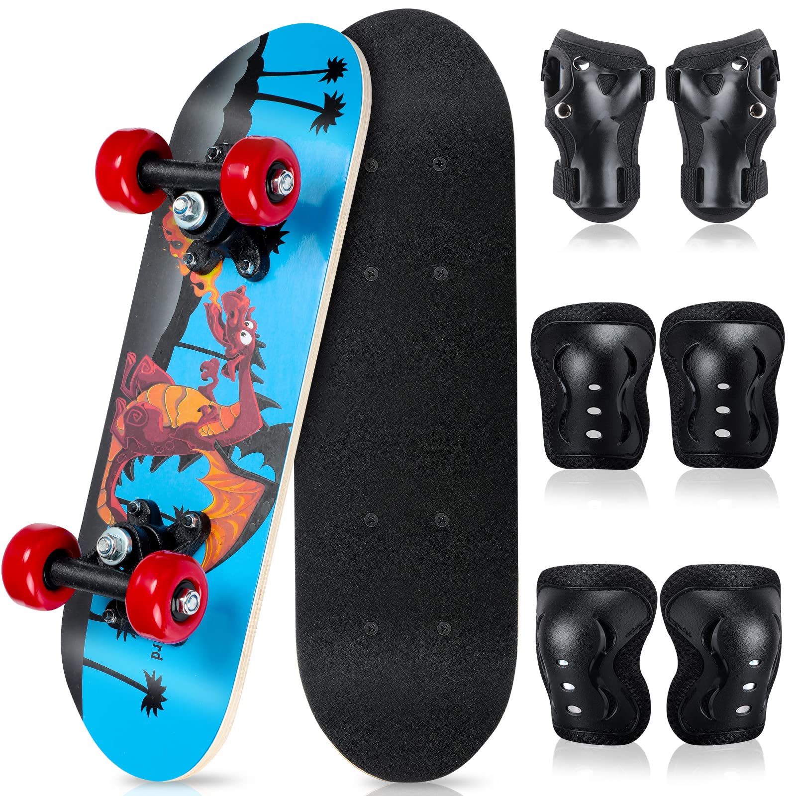Photo 1 of Honoson 7 Pcs Skateboard for Toddlers Beginners Knee Elbow Pads Wrist Guards Gear Set (Fire Dinosaur, Age 2-5 Kids 17 x 5'')
