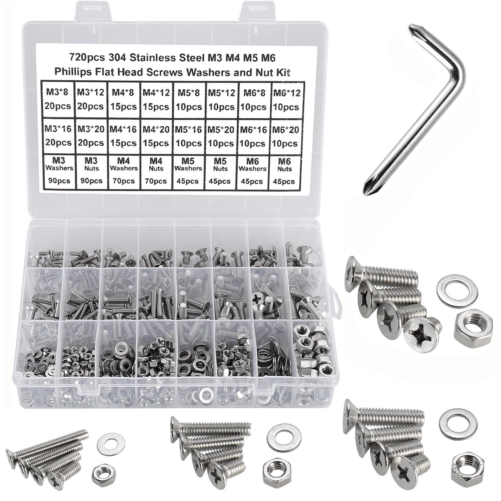 FandWay 720Pcs Bolts and Nuts Set,M3 M4 M5 M6 Countersunk Machine Screws,DIN 965 Cross Flat Head Screws,304 Stainless Steel Bolts and Washers Set Fully Threaded With 1 Phillips Drive Key.