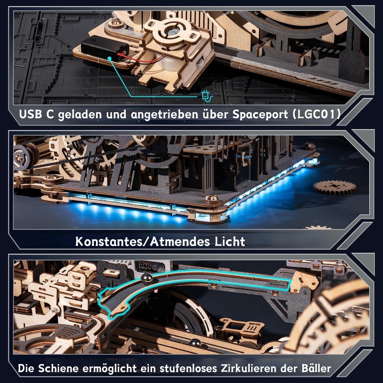 ROKR Kugelbahnen Kombi-Set 3D Puzzle Erwachsene Modellbausätze Geschenkidee für Männer Marble Spaceport & Night City & Link Pack 5