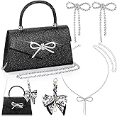 4 Pcs Women Evening Bag Sparkly Bow Rhinestone Clutch Purse with Silver Bow Dangle Jewelry Set Purse Chain for Wedding Prom