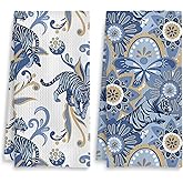 Fuasei Blue Tiger Kitchen Towels Set of 2, Vintage Floral Tiger Hand Towels for Bathroom, Vintage Blue and White Decor Dish Towels Tea Towels for Kitchen, Blue and White Decor, 16x24 Inch