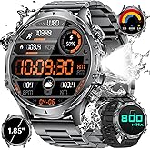HIRREO Military Smart Watch for Men, 1.85'' HD Large Screen Smartwatch, 800mAh/LED Flashlight/IP68 Waterproof/Pedometer/100+ Sports Fitness Tracker, Mens Smart Watches for Android iOS Compatible