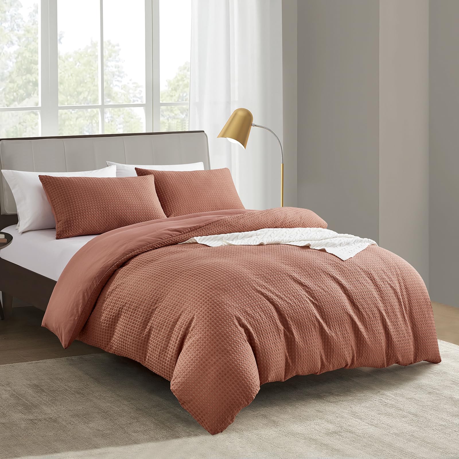 KASYLAN Breathable Duvet Cover Set with Zipper Closure - Waffle Dobby Weave Texture Duvet Sets, Modern Boho Duvet Cover & Pillow case, Microfiber Bedding Quilt Cover Set (Double, Orange) — image 1