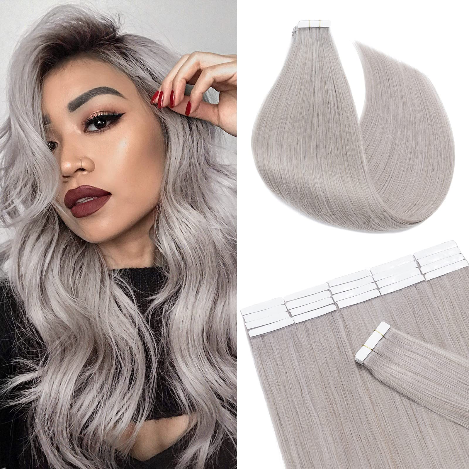 Silk-co 12inch Tape in Hair Extensions 100% Real Straight Human Hair Extension 10pcs Straight Remy Hair Seamless # Grey — image 1