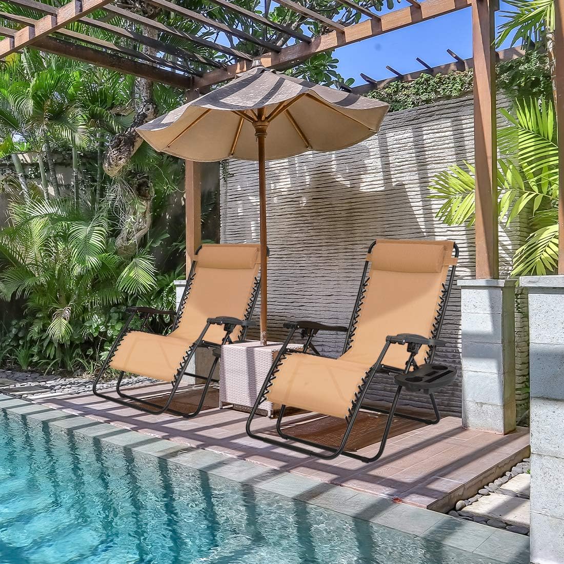 Patio Watcher Oversized Zero Gravity Chair Folding Recliner Chair with Cup Holder Accessory Tray and Removable Pillow for Outdoor Yard Porch Beige 1 Chair : Garden & Outdoor