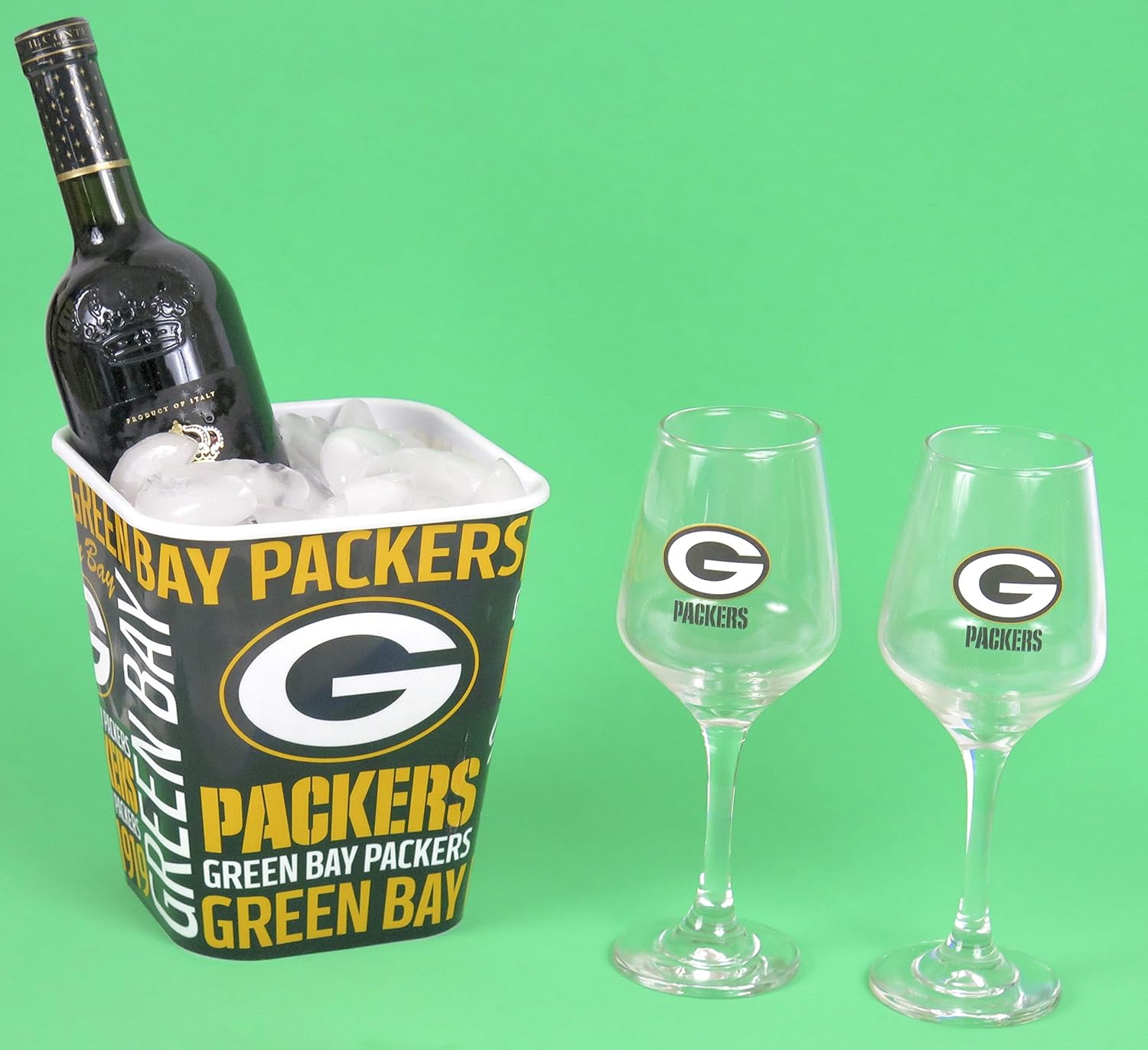 Green Bay Packers Wine Glasses With A Snack Bucket Ice Bucket Amazon Ca Home Kitchen