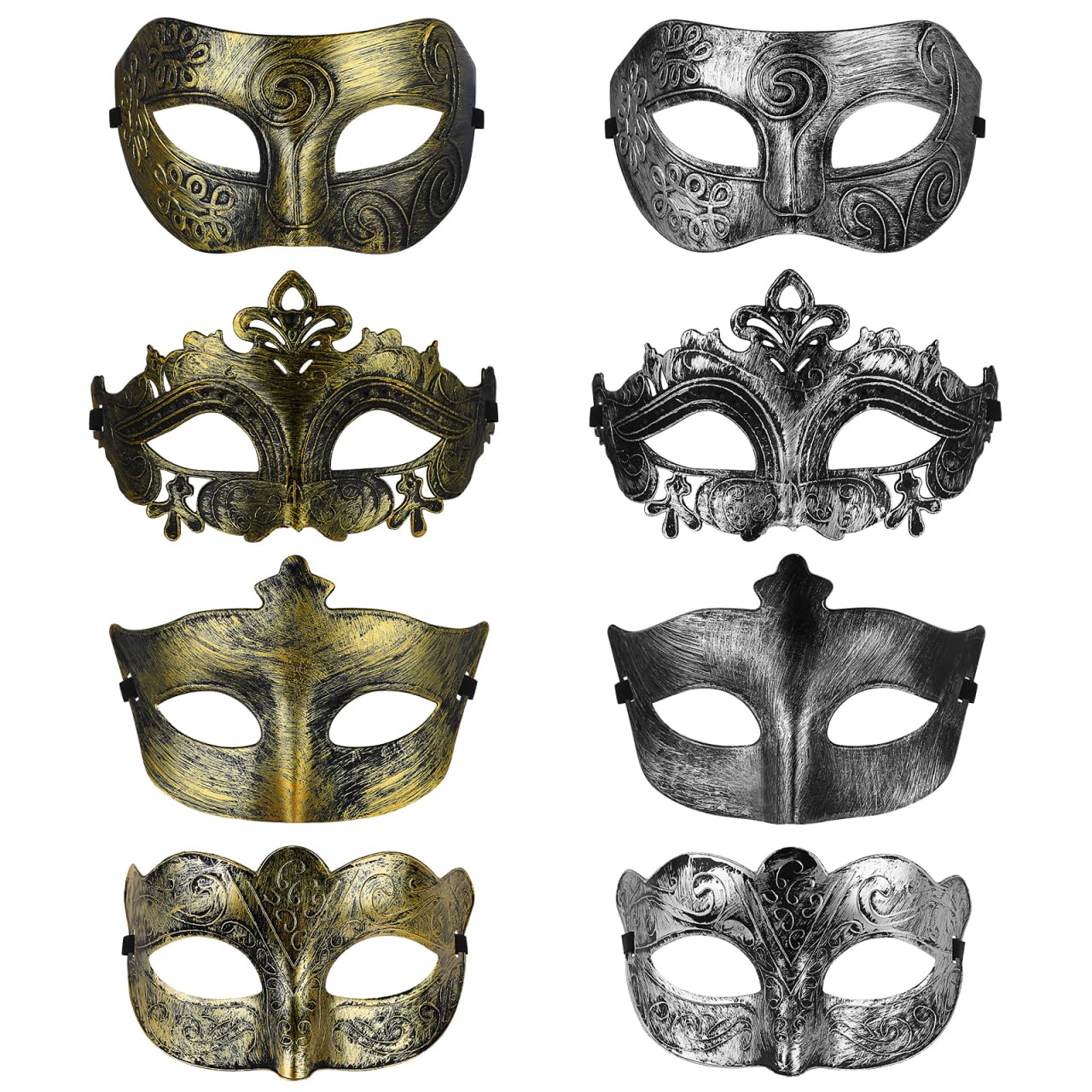 Amosfun 8pcs Halloween Masquerade Mask for Couples, Vintage Copper Venetian Masks Costume Accessory, Half Face Photo Props for Halloween, Carnival, Mardi Gras Party