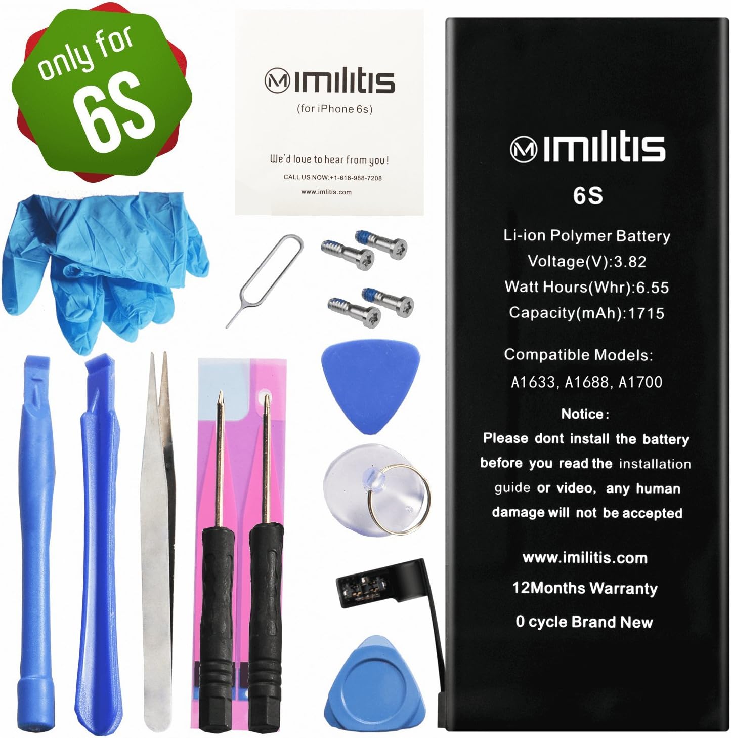 IMILITIS Compatible Replacement Battery for iPhone 6s-1715mah High Capacity Li-ion Battery - New USA TI Chip - A1633/A1688/A1700 - Repair Kit Tools with Adhesive/Glove - 6s Battery Replacement