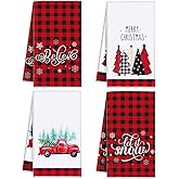 WovWeave 4 PCS Christmas Plaid Kitchen Towels Set - Red Black Plaid Winter Hand Towels Truck Trees for Xmas Kitchen Bathroom Decoration Housewarming Gifts, 16 x 24 inches(Black Red,Classic Style)