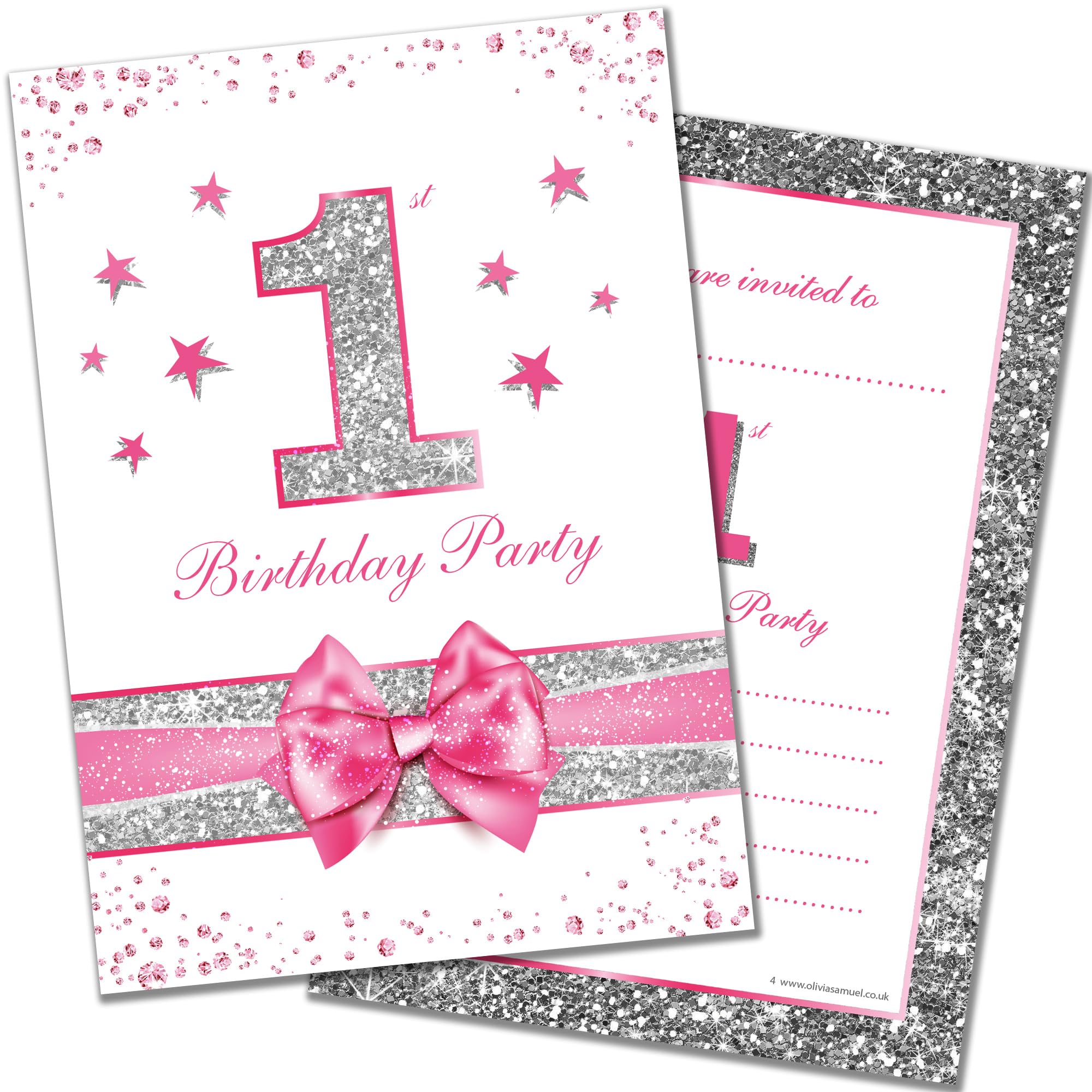 Olivia Samuel 20 x First Birthday Party Invitations - Baby Girl Pink Sparkly Design and Photo Effect Silver Glitter - A6 Postcard Size with envelopes