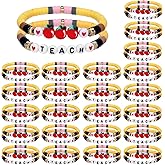 Tondiamo 48 Pcs Teacher Appreciation Gift Teacher Bracelet Polymer Clay Apple Beaded Bracelets Pencil Stackable Bracelets
