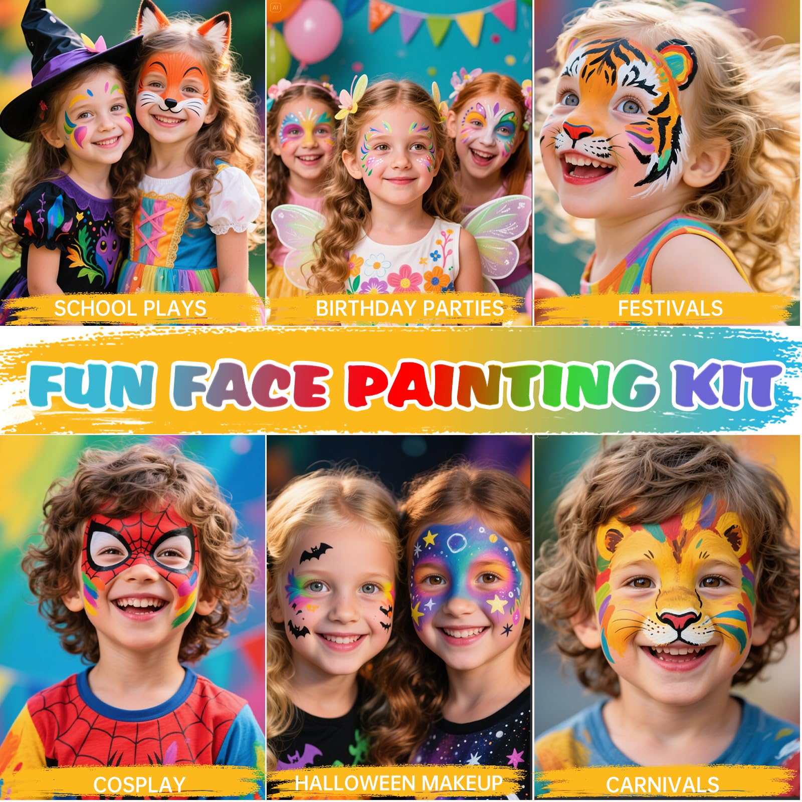 Face Painting Kit for Kids - 42 Colors Washable Face Paint Professional Face Paint Kit, with Brushes, Stencils, Palette, Gems, Crayon, Non-Toxic Body Makeup for Kids Halloween, Party, Birthday