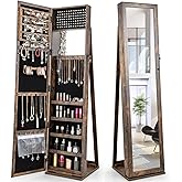 CHARMAID Jewelry Armoire with Full Length Mirror, Lockable Standing Jewelry Cabinet Organizer with Large Storage Capacity, Inside Makeup Mirror, Stable Base, Easy Assembly (Rustic Brown)