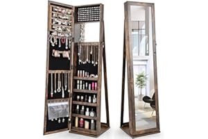 CHARMAID Jewelry Armoire with Full Length Mirror, Lockable Standing Jewelry Cabinet Organizer with Large Storage Capacity, Inside Makeup Mirror, Stable Base, Easy Assembly (Rustic Brown)