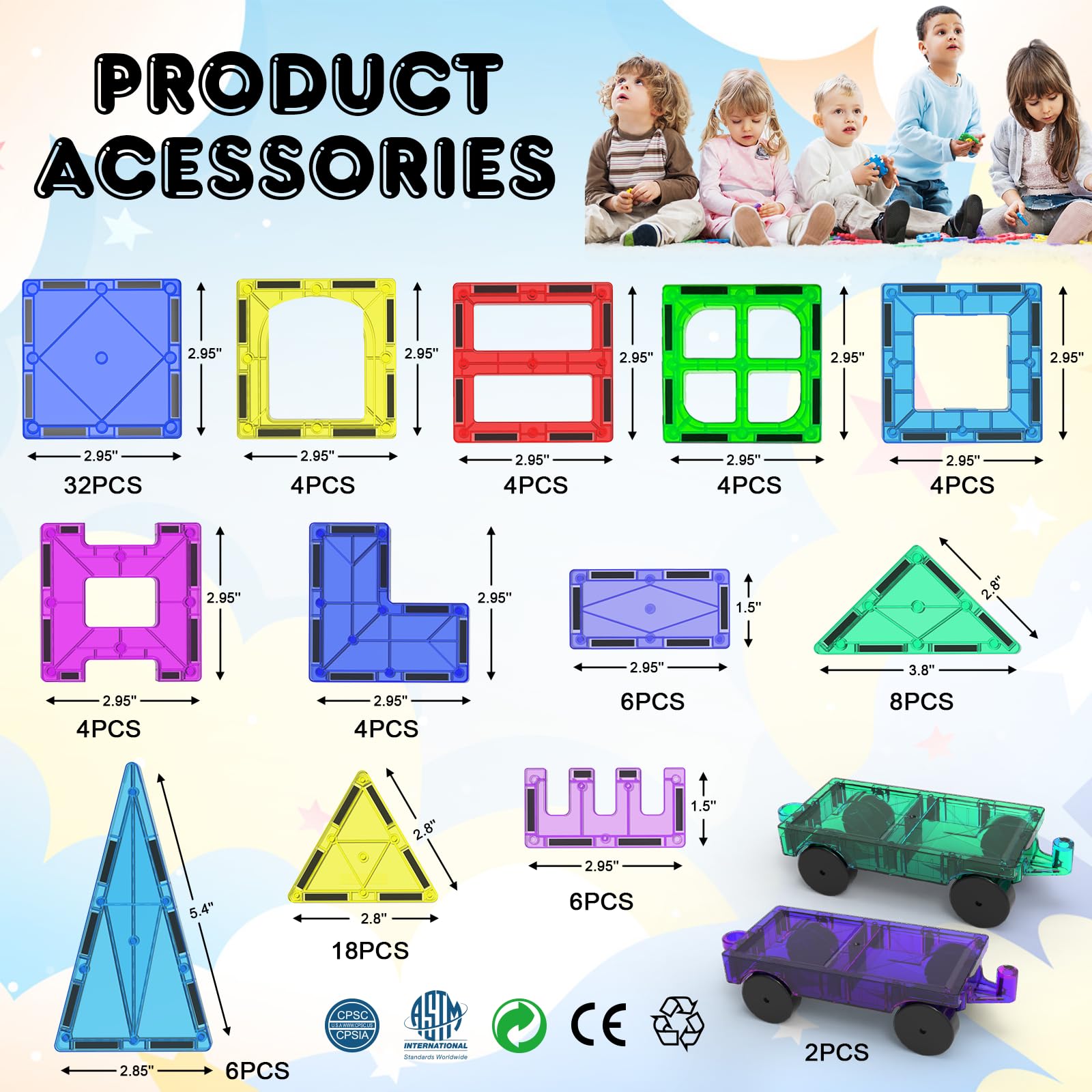 102 Pcs Magnetic Tiles Kids Toys(Includes 2 Cars) STEM Toys for Toddler Magnetic Building Blocks Toy Preschool Must Haves Toy for 3+ Year Old Boys and Girls, Safe Material with Strong Magnetism