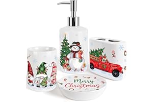 4 Pcs Christmas Bathroom Accessories Set Ceramic Christmas Bath Decor - Snowman Soap Dispenser, Truck Toothbrush Holder, Gnom