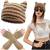 Zhamate 5 Pcs Y2K Clothes Accessories Y2k Grunge Cat Ear Beanie with Fingerless Gloves Bracelets Buckle pins for Women Girls Grunge Accessories Brown