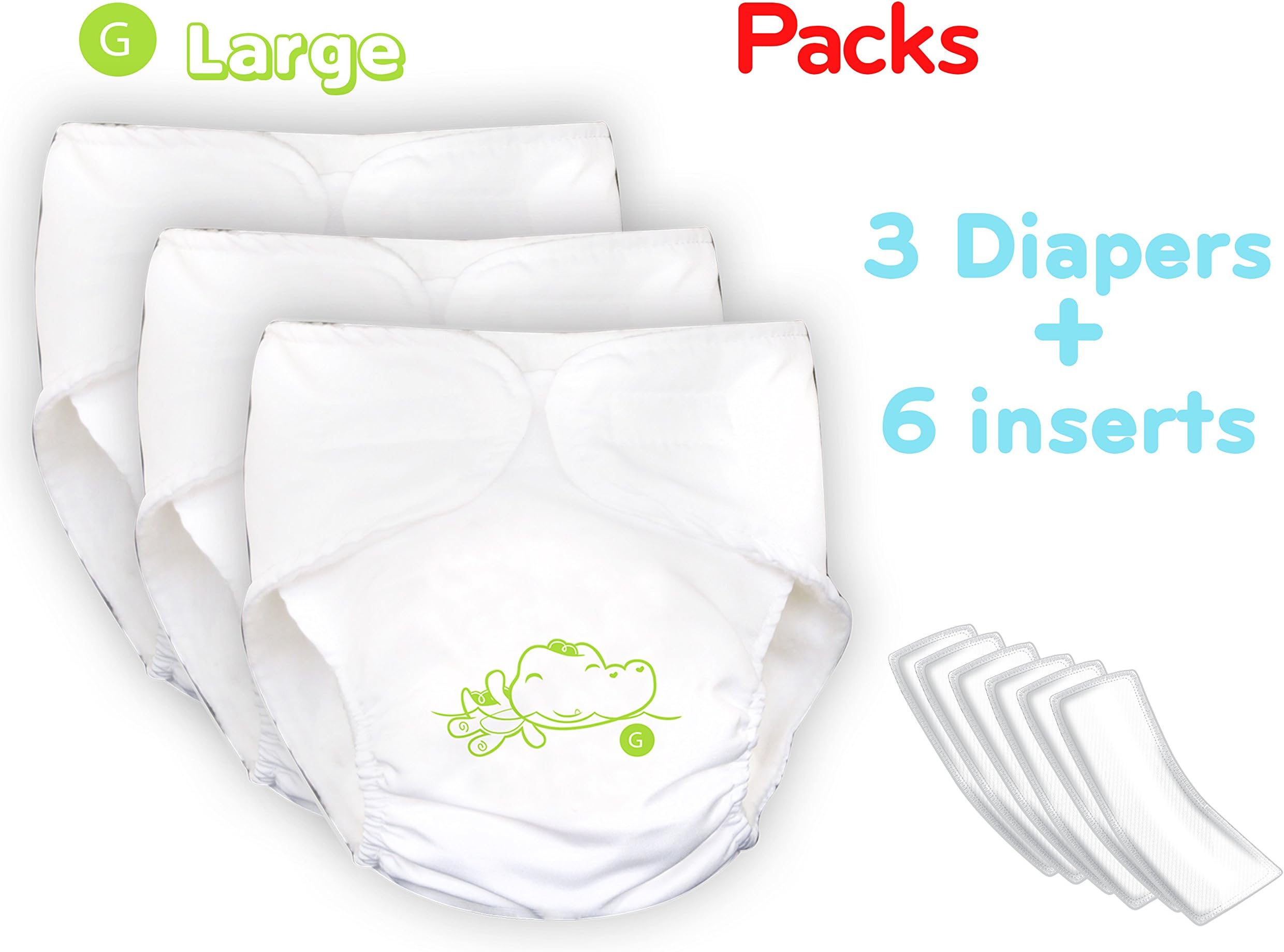 Premium Reusable Cloth Baby Diaper 3 pcs + 6 inserts Large 20-33 lbs