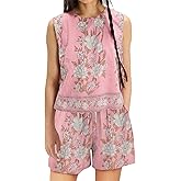 Yuemengxuan Women Tie Side Tank Top Shorts 2 Piece Outfits Set Sleeveless Floral Embroidered Crop Cami Top Shorts Pajamas Set