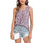 CBOO Women's Sleeveless Tunic Tank Tops Dressy Casual Loose Fit Flowy Blouse Shirt Printed Pleated Summer