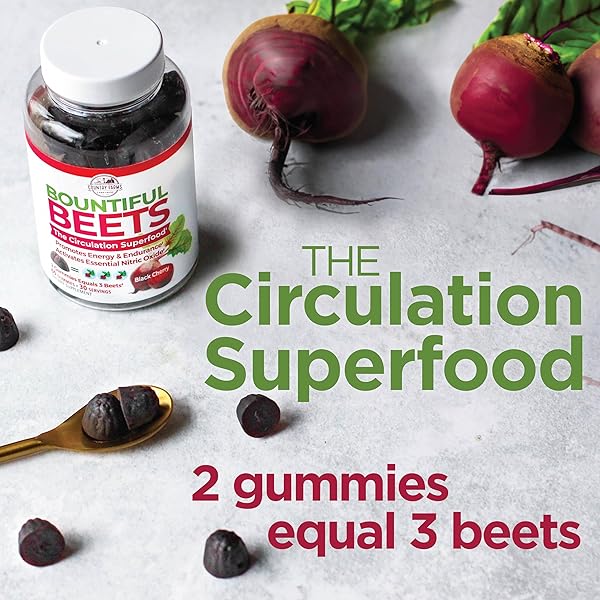 COUNTRY FARMS BOUNTIFUL BEETS GUMMIES, CIRCULATION SUPERFOOD, PROMOTES ENERGY AND ENDURANCE, NITRIC OXIDE BOOSTER, 30 SERVINGS, WHITE, 60 COUNT