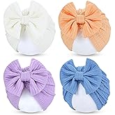 Cinaci 4 Pieces Baby Girls Turban Hats with Bow Newborn Hospital Caps Bonnets Beanies Headwraps for Infants Toddlers