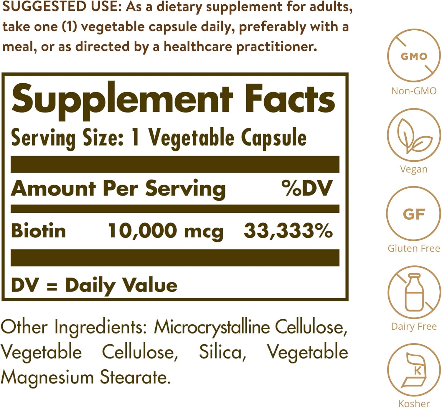 Solgar Biotin 10,000 mcg, 120 Vegetable Capsules - Energy, Metabolism, Promotes Healthy Skin, Nails & Hair - Super High Potency - Non-GMO, Vegan, Gluten Free, Dairy Free, Kosher - 120 Servings: Health & Personal Care