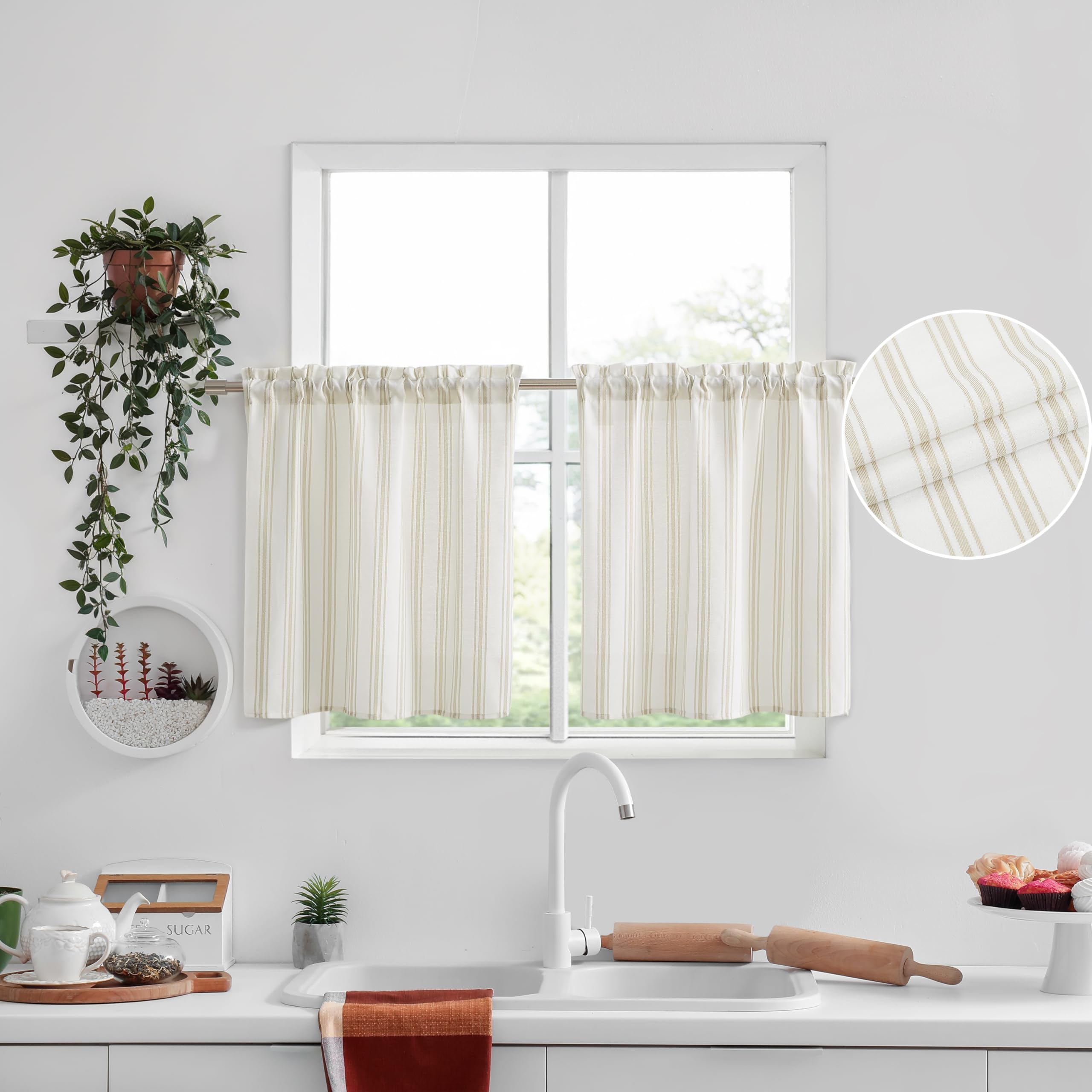 Photo 1 of ZJDECOR White Cotton Blended Tier Cafe Curtains with Beige Vertical Stripes 24 Inches Long,Farmhouse Light Filtering Kitchen Curtain,Rod Pocket Small Window Treatment,27"Wx24"L(Pack of 2),Beige/White