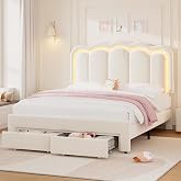 Full Upholstered LED Bed Frame with 2 Storage Drawers and Adjustable Chic Double Wavy Headboard, Velvet Princess Platform Bed with Charing Station, Solid Wood Slats Support,No Box Spring Needed,Beige