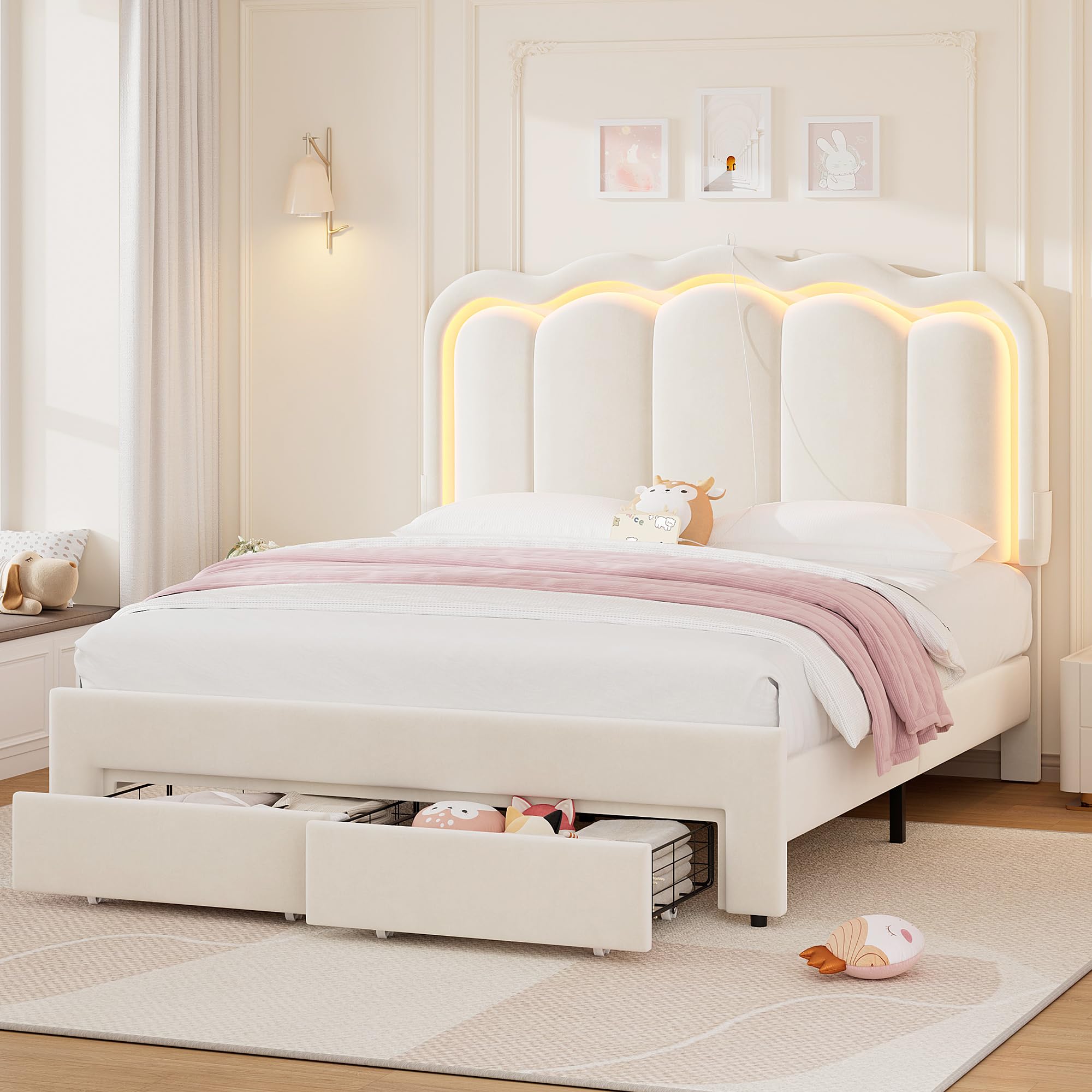 Photo 1 of ** NEW *** Queen Upholstered LED Bed Frame with 2 Storage Drawers and Adjustable Chic Double Wavy Headboard, Velvet Princess Platform Bed with Charing Station, Solid Wood Slats Support,No Box Spring Needed,Beige