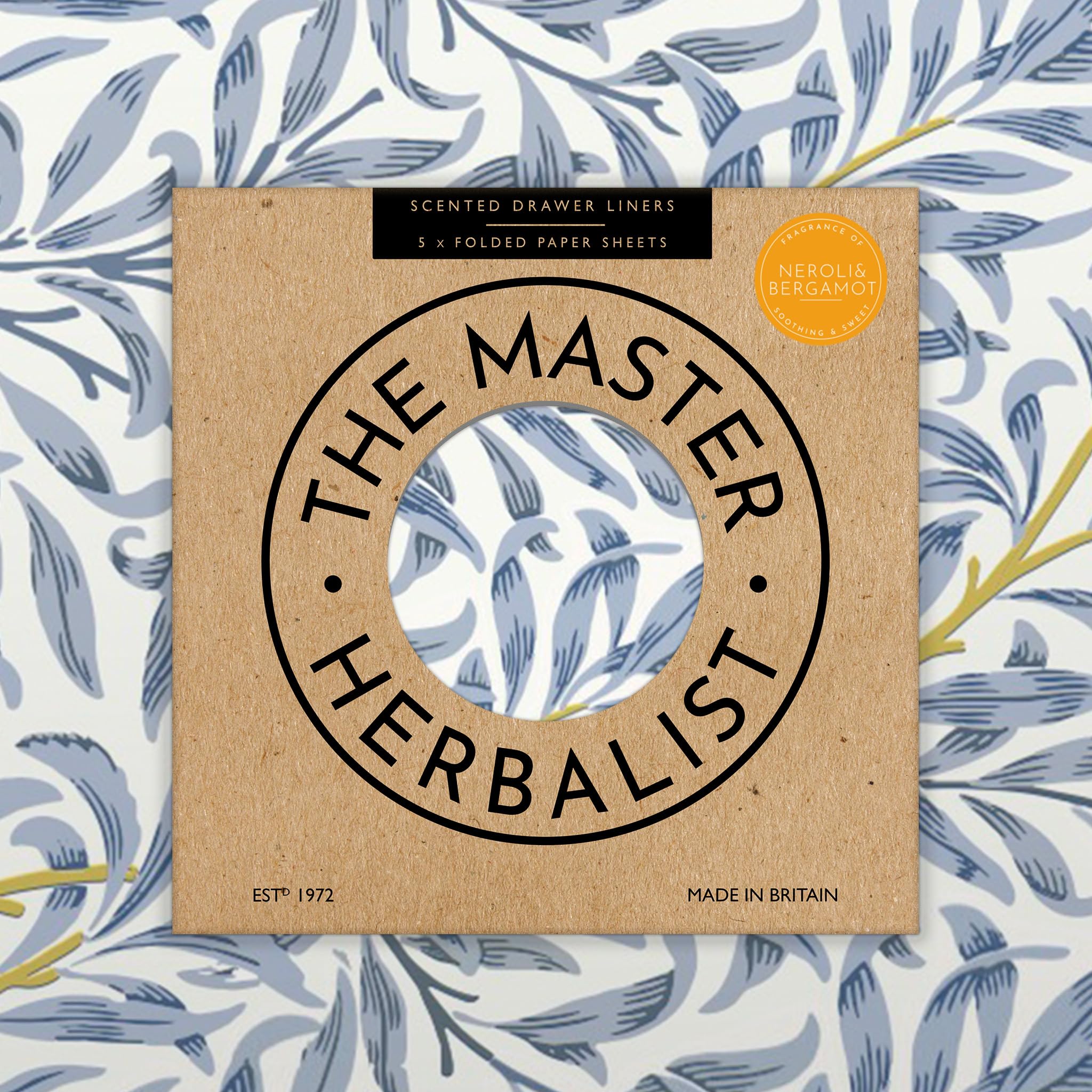 The Master Herbalist Fragrant Neroli & Bergamot Scented Drawer Liners in a Blue William Morris Design (Folded) | Pack of 5 Sheets | Contains Essential Oils | Made in The UK