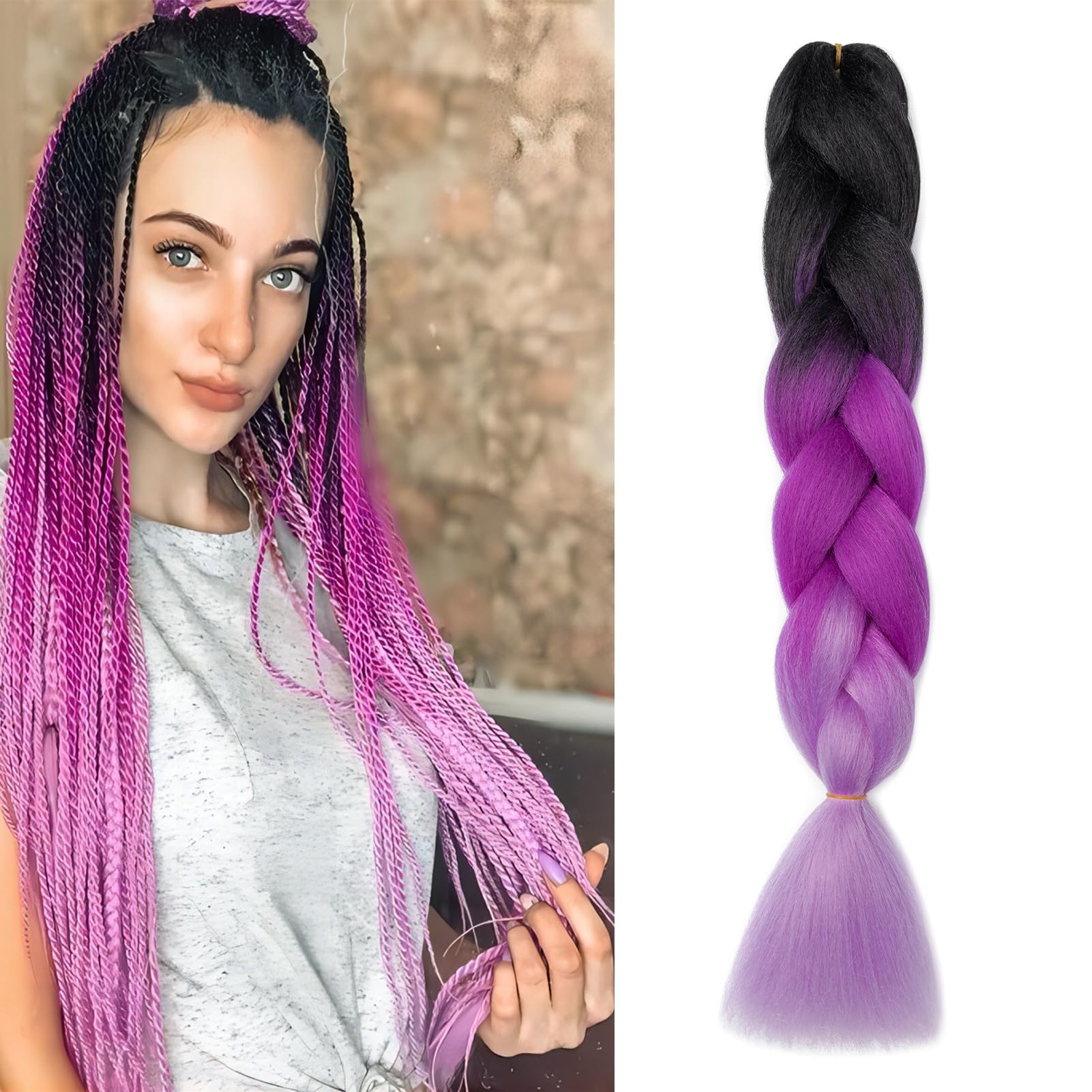 Dcbaboo Hair Extensions for Braiding Jumbo Braiding Hair Extension 1pack 24inch Synthetic Hair Kanekalon Ombre Braids Extensions Hair Afro Crochet Twist Box Braids 100g, Black-Purple-Light Purple — image 1
