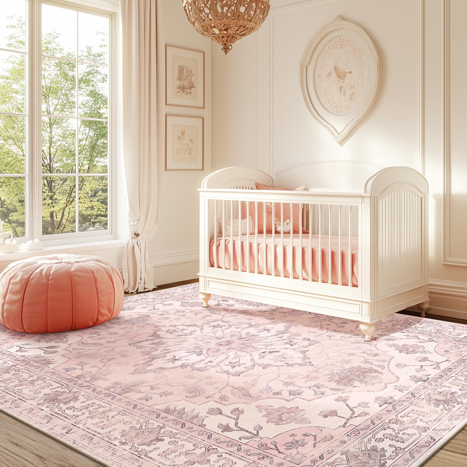 Photo 1 of RELEANY Area Rugs 6'x9' Washable Non-Slip, Floral Vintage Distress Print Pattern Medallion Carpet for Living Room Bedroom Dining Room, Pink Greypink Cute