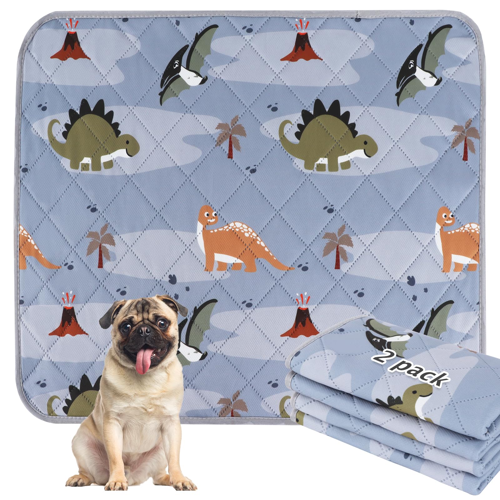 BVAGSS Washable Pee Pads for Dogs, 2 Pack Reusable Leakproof Puppy Wee Wee Pad, Non-Slip Waterproof Pet Training Pads, Super Absorbent Whelping Pads XH081 (Grey Dinosaur, 75x50cm)