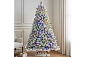 INSTREE CHRISTMAS 6 FT Pre-lit Snow Flocked Christmas Tree, Artificial Christmas Tree with 250 Warm White & Color LED Changing Lights, 600 PVC Branch Tips, Easy Assembly/Metal Stand/Hinged/8 Color Modes