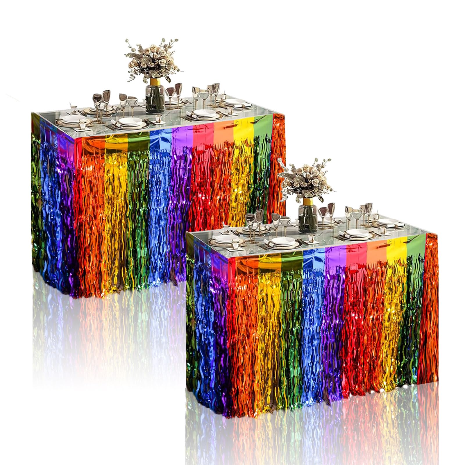 2pcs Rainbow Party Table Skirt Wavy Grass Table Skirt,Rainbow Metallic Tinsel Foil Fringe Table Skirts Rainbow Table Decorations for Birthday Baby Bridal Shower Unicorn Pride Party Table Decorations