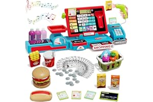Wee Wonders 63PCS Cash Register for Kids, Kids Cash Register with Real Calculator, Pretend Play Store with Music/Motorized Conveyor/Play Money/Food Toys, Learning Toys for Boys Girls 3+, Red