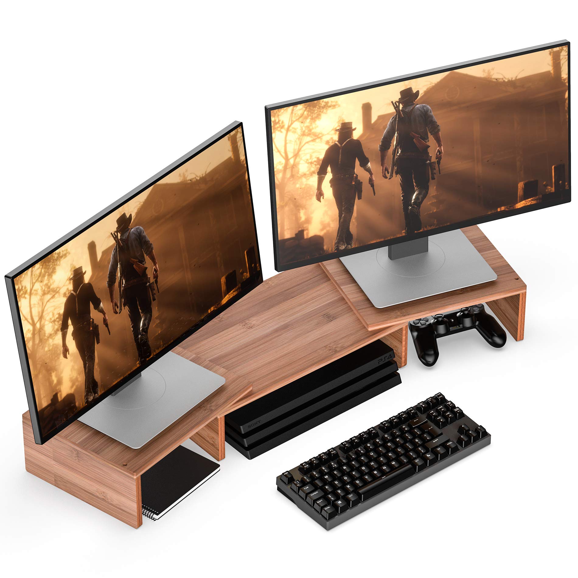 Bamboo Dual Monitor Riser w/Adjustable Length&Angle Desktop Stand