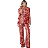 LEWIJO Sequin Suits for Women Dressy 2 Piece Womens Suit Glitter Sparkly V Neck 1 Button Womens Suits for Party Prom