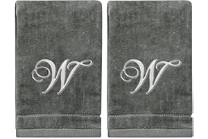 CREATIVE SCENTS Monogrammed Towels Fingertip, Personalized Gift, 11 x 18 Inches - Set of 2- Silver Embroidered Towel - Extra Absorbent 100% Cotton- Soft Velour Finish - For Bathroom/ Kitchen/ Spa- Initial W (Gray)