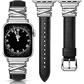 Minyee Leather Band Compatible with Apple Watch 42/41/40/38/44/45/46/49mm Women,Dressy Slim Premium Leather Strap with Designer X-Shape Metal Buckle for iWatch Series 11 10 9 8 7 6 5 4 SE/Ultra 3 2 1