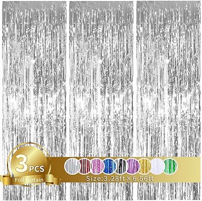 TONIFUL 3Pcs Silver Metallic Tinsel Fringe Curtains 3.3x6.6 ft Backdrop