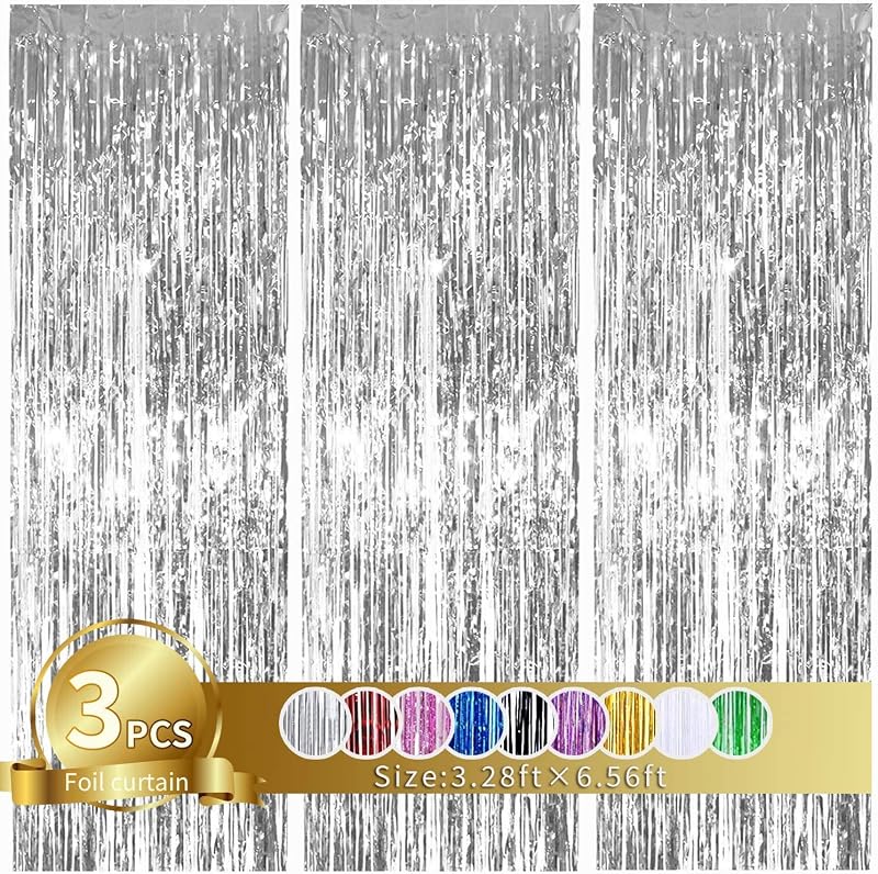 TONIFUL 3Pcs Silver Metallic Tinsel Fringe Curtains 3.3x6.6 ft Backdrop